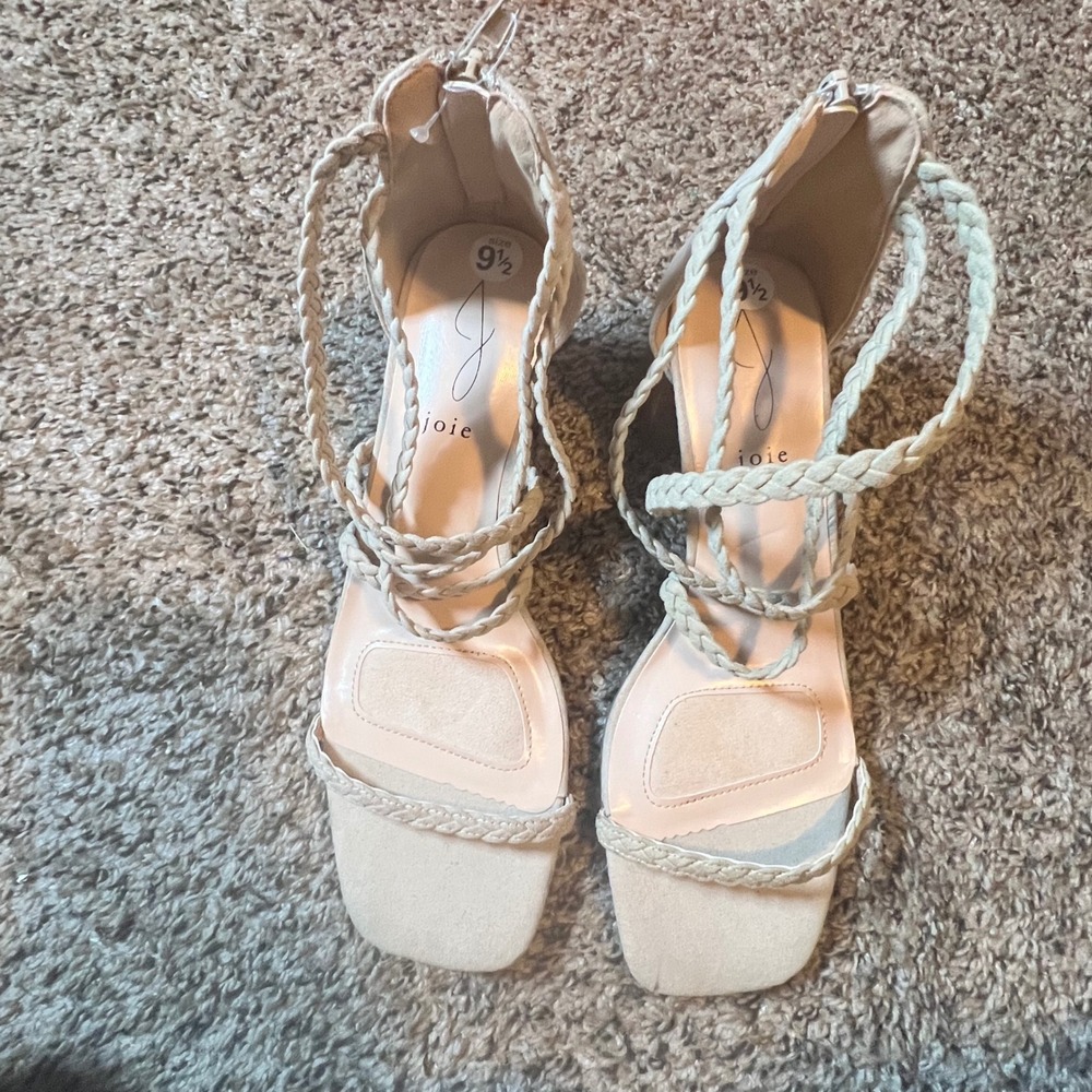 Joie Felina‎ Beige Braided Strap Block Heel Sandals Square Toe Womens 9.5